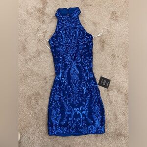 Royal blue, sequin, halter neck, mini dress